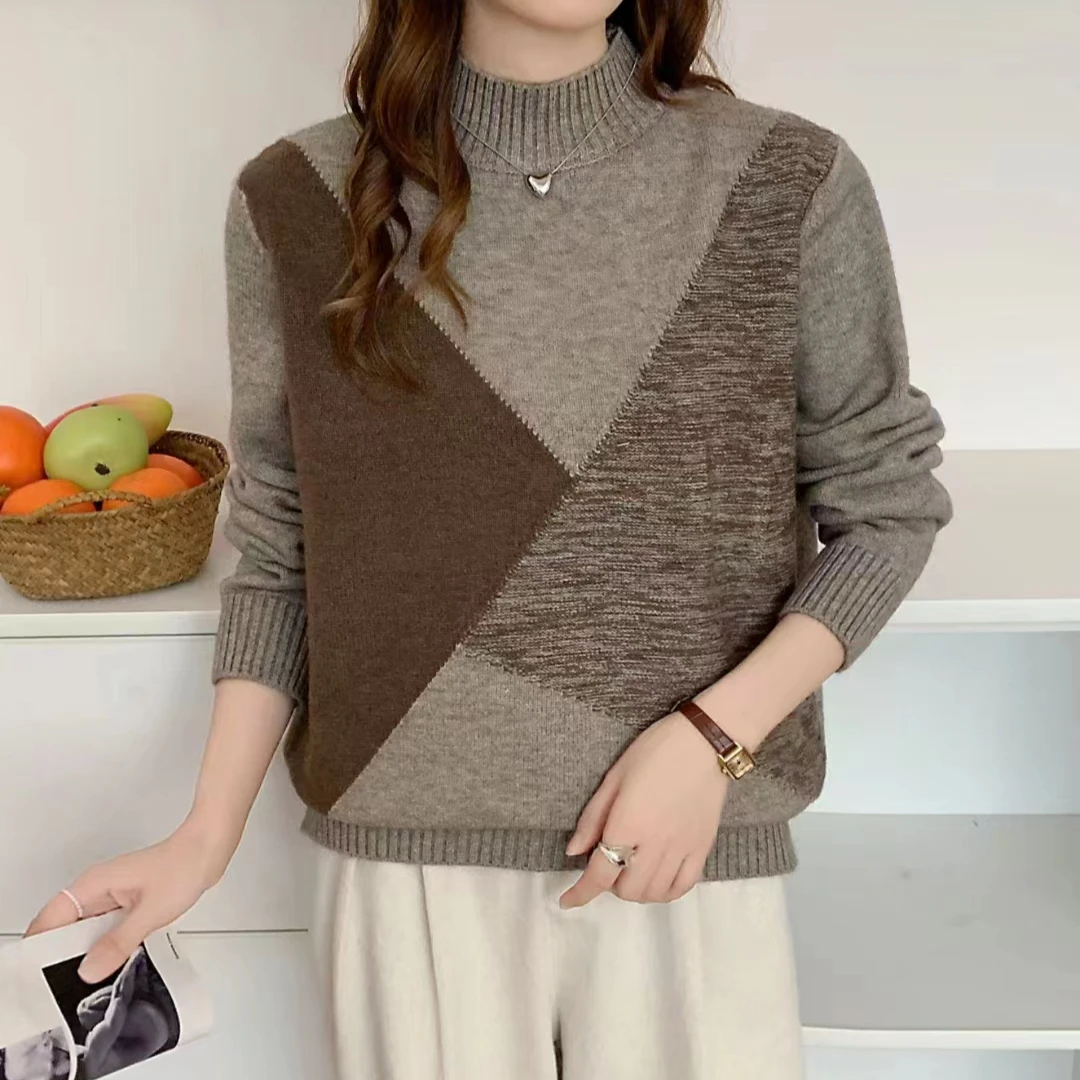 加厚半高领撞色套头羊毛衫慵懒休闲减龄