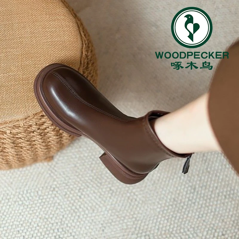 啄木鸟秋冬加绒马丁靴女士2025新款切尔西靴英伦风瘦瘦靴厚底短靴