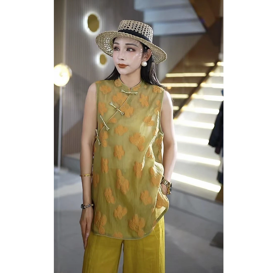 夏季时尚百搭洋气气质显瘦新中式中国风人丝提花上衣yfL851130C-1
