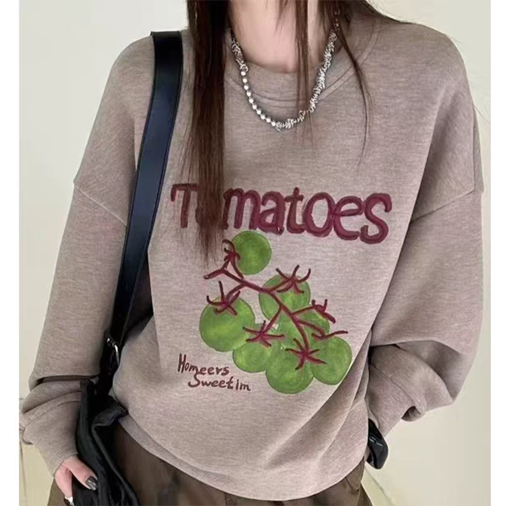 秋冬新款百搭休闲时尚女装2025设计感圆领宽松长袖卫衣印花女上衣