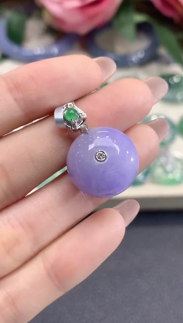 吊坠(不含链)18K金镶嵌翡翠A75翡翠紫货有一定色差