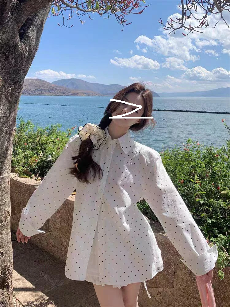 「淼淼推荐」2025春季新款大码女装套装甜美镂空波点蕾丝衬衫