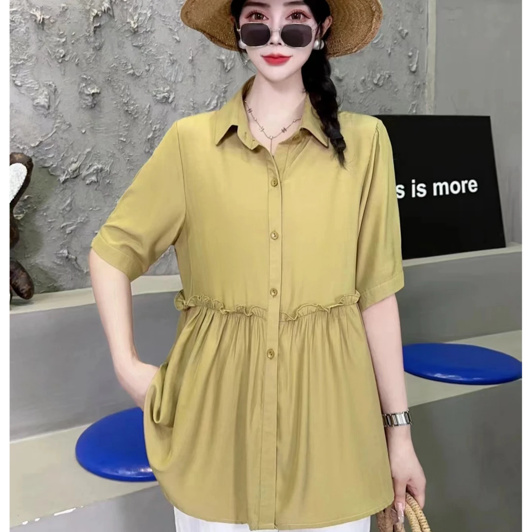 【羽墨】怡2316夏季新款短袖大码开衫铜氨丝衬衫外披荷叶边