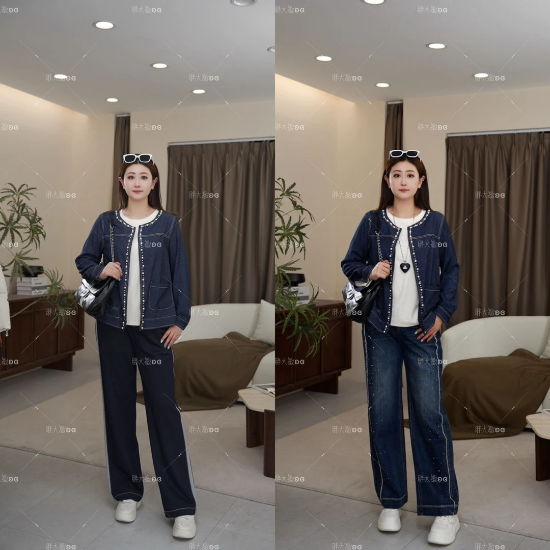 【秋款上新】PDM22469早秋新款重工钉珠百搭显瘦牛仔大码女装外套