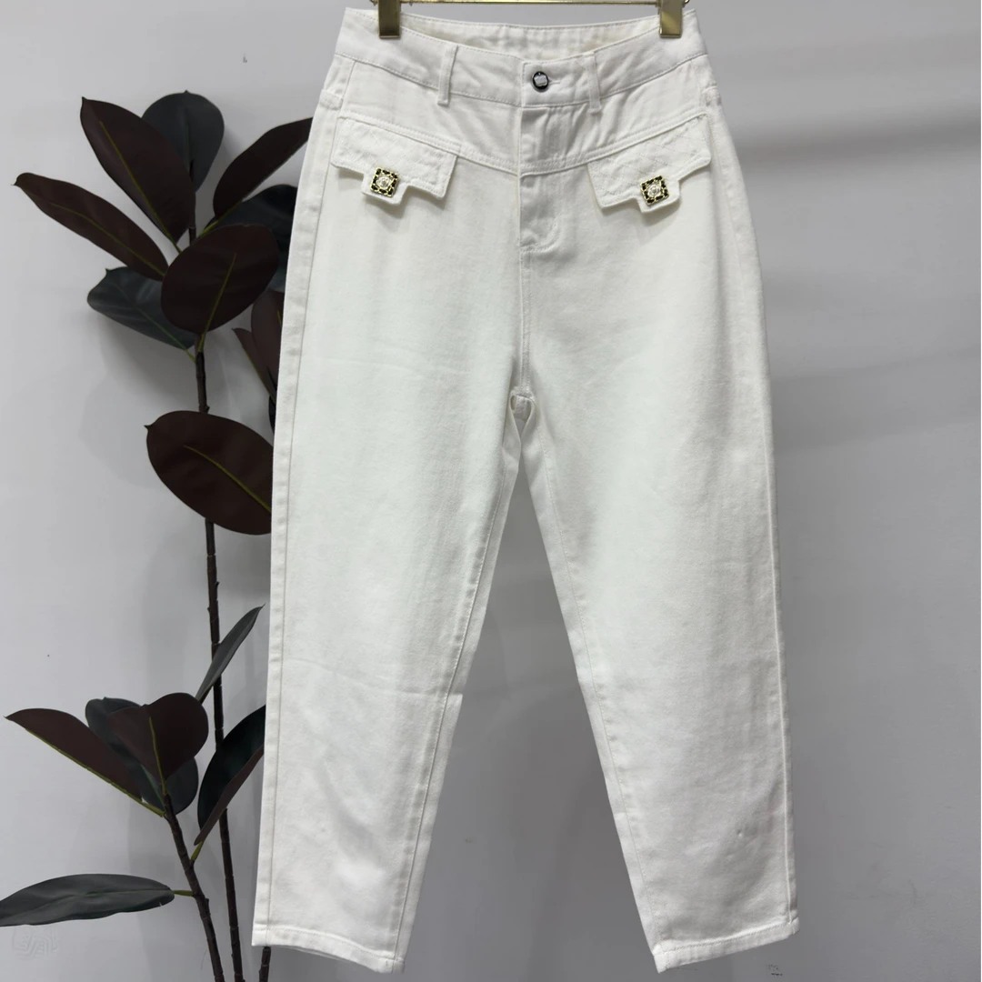 【晨浠定制】夏季白色时尚休闲直筒九分牛仔裤6678