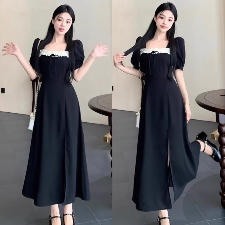 大码法式方领精致连衣裙女夏季胖MM遮肚显瘦裙子赫本风小黑裙1504