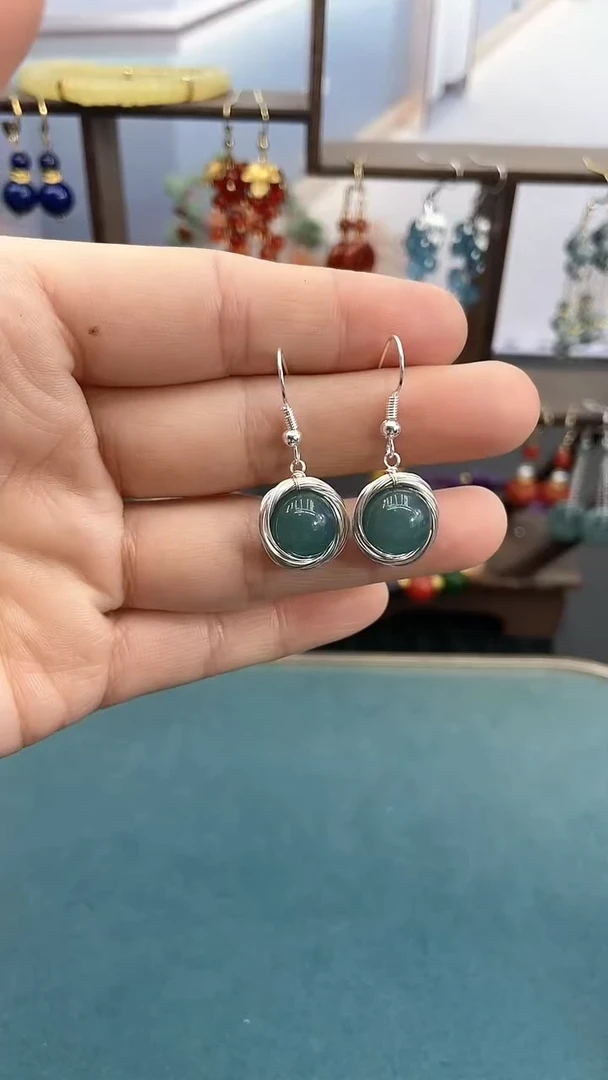 银S925镶嵌翡翠耳饰蓝水鸟巢