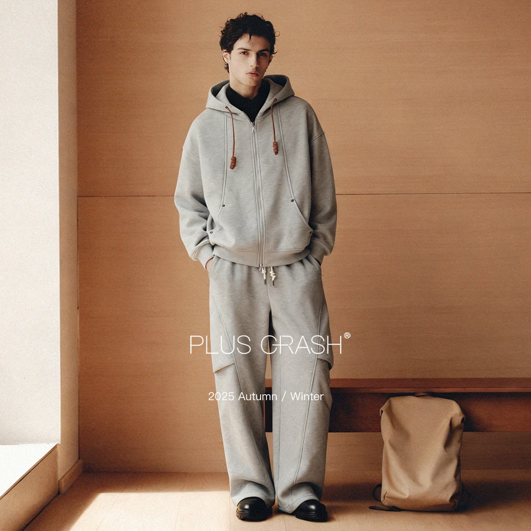 PLUS CRASH冬季加厚绒保暖卫衣卫裤男女同款多结构抽褶设计感套装