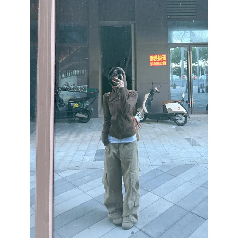 秋季新款穿搭女连帽拉链修身显瘦百搭小众卫衣开衫复古工装伐木裤