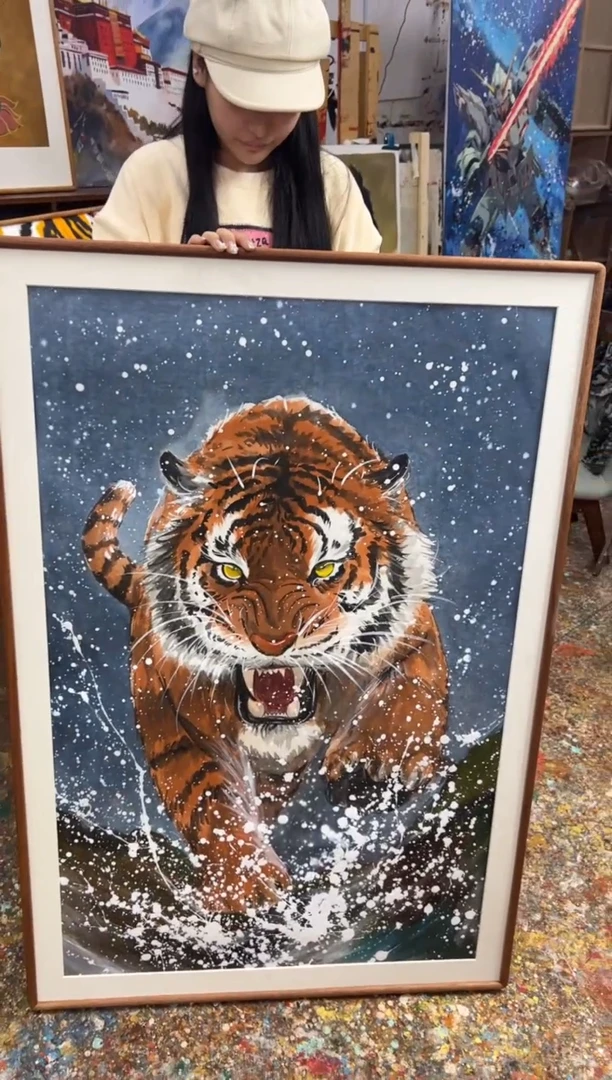 丙烯画懒洋洋老师老虎精装裱