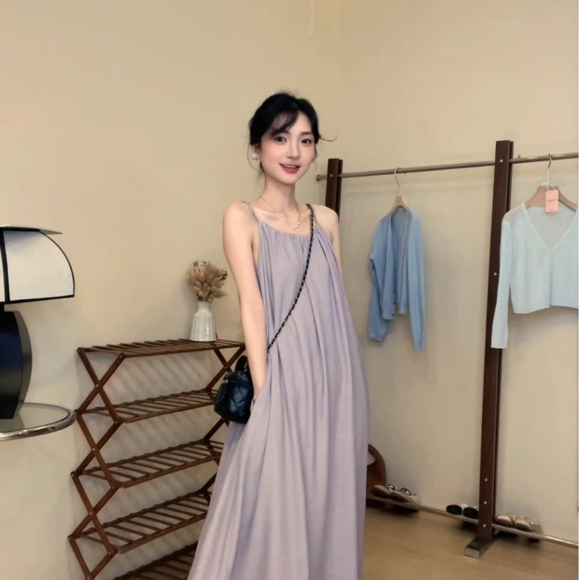 2025春夏纯欲风小众设计感无袖宽松显瘦休闲简约A字纯色吊带裙