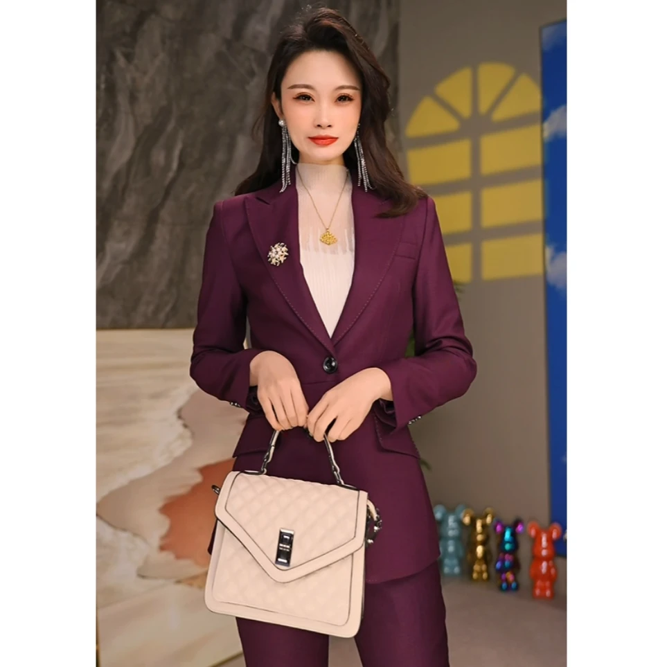KY9981春秋新款纯色西装套装一粒扣修身通勤设计师轻奢气质西装