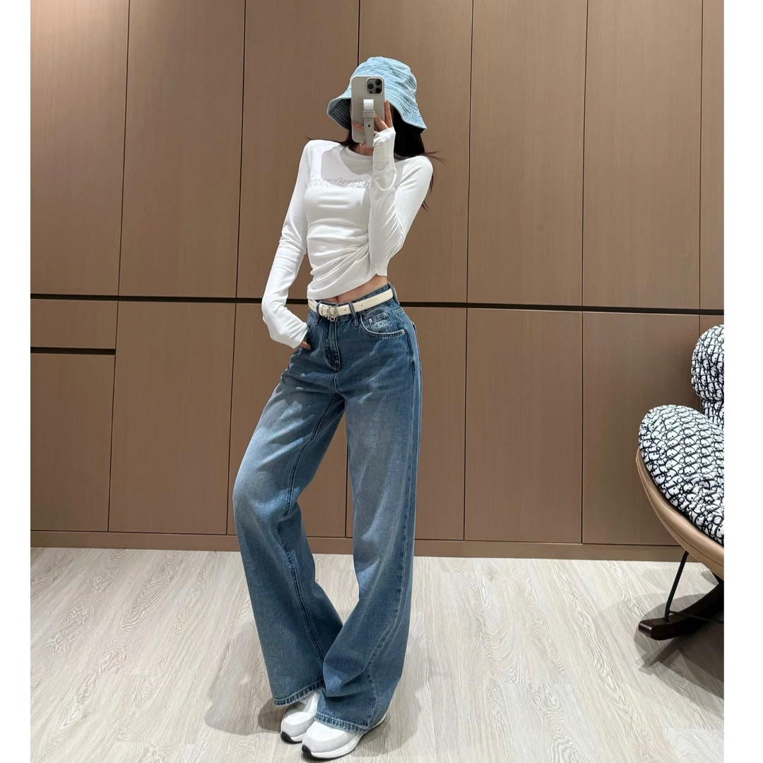 早春新款原创设计口袋字母高腰百搭韩版阔腿水洗牛仔裤配腰带9513
