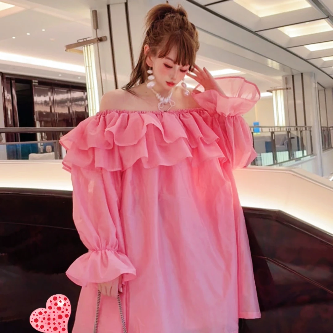 0052【熙妮潮牌】四季甜美风长袖松紧肩两穿潮韩版荷叶边宽松裙子