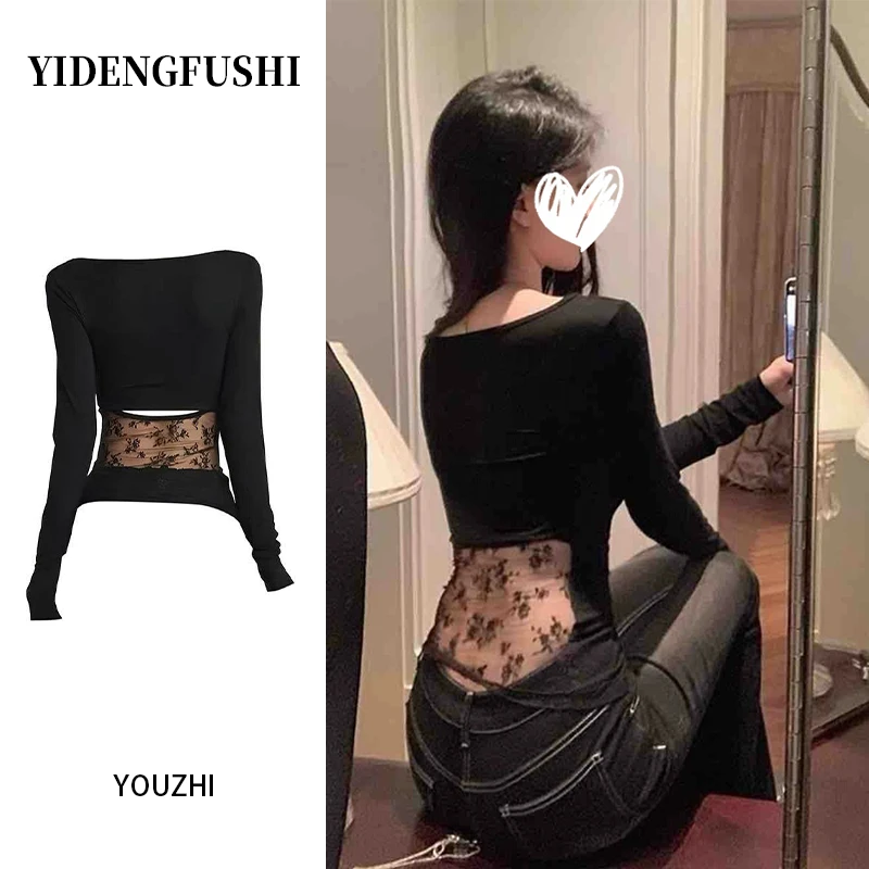 黑色后背蕾丝拼接长袖T恤女早秋设计感修身显瘦性感辣妹别致上衣