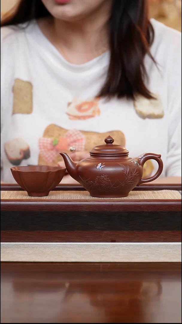 龙血砂笑樱240cc宜兴手工紫砂壶＋杯子