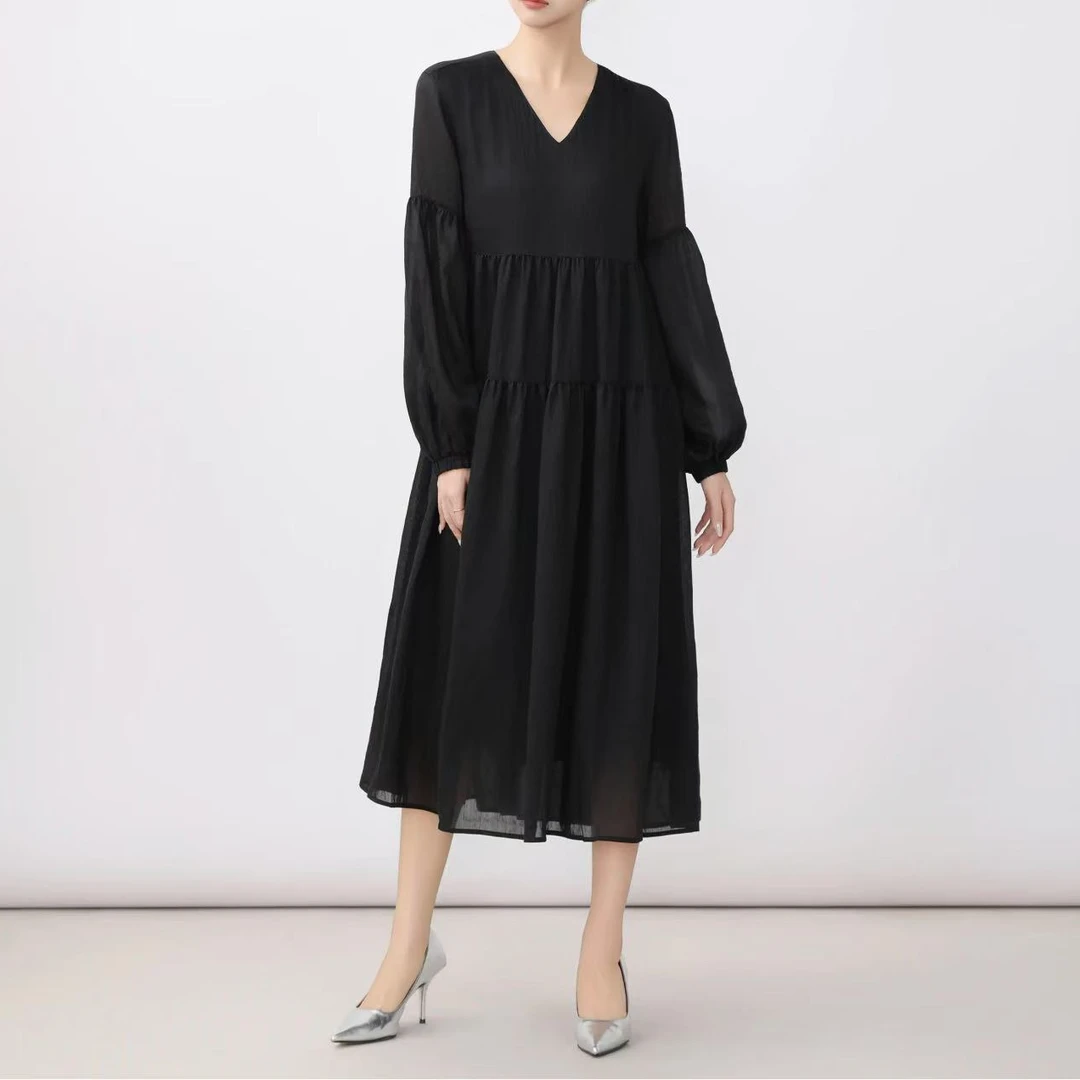 GIRDEAR/哥弟1500549 新款气质洋装时尚黑色法式宽松慵懒风连衣裙