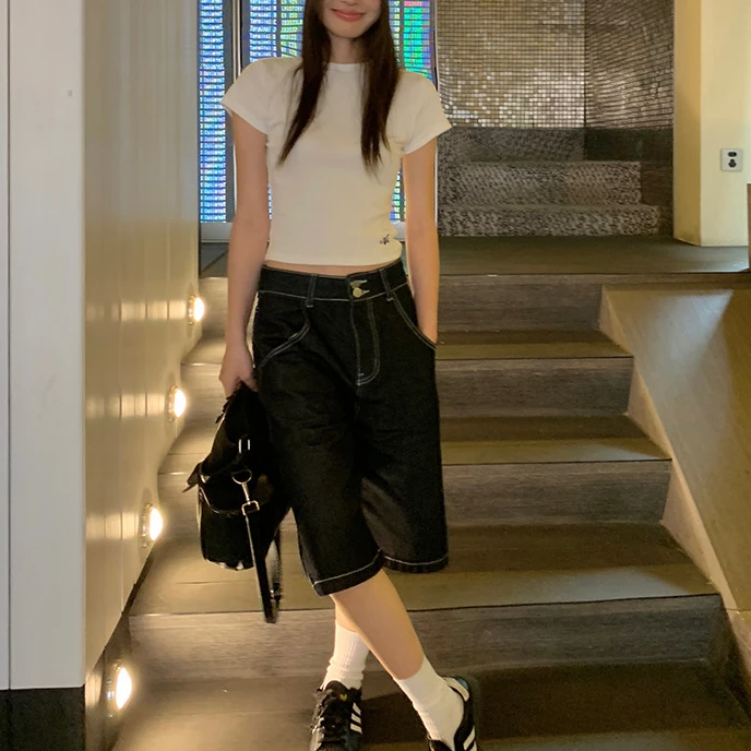 蓝色牛仔短裤女五分裤子夏季新款美式复古直筒显瘦宽松阔腿中裤