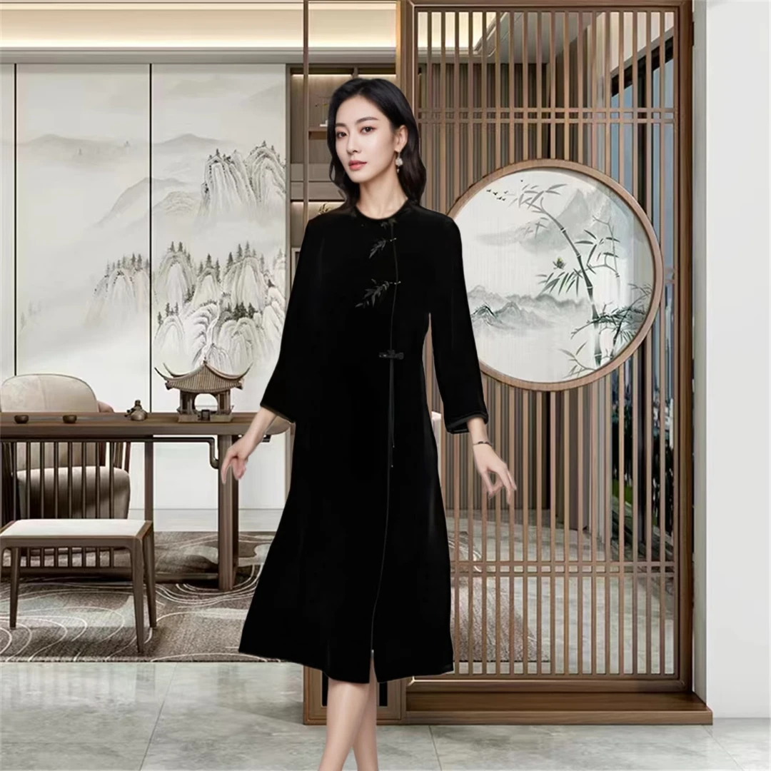 真丝绒连衣裙国风修身桑蚕丝高端优雅大码中老年2025春秋新款大牌