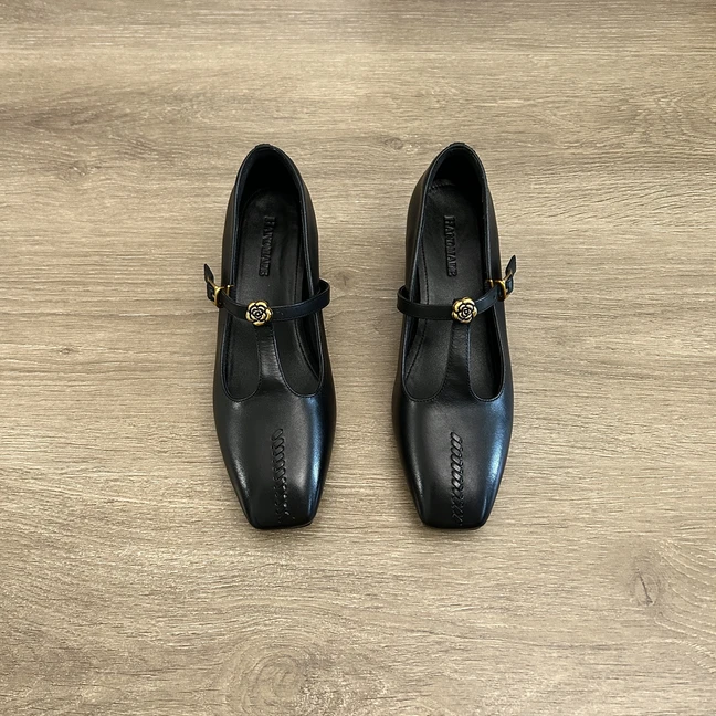 Dannyfrey复古通勤T字扣真皮外穿玛丽珍鞋女百搭方头高跟小单鞋