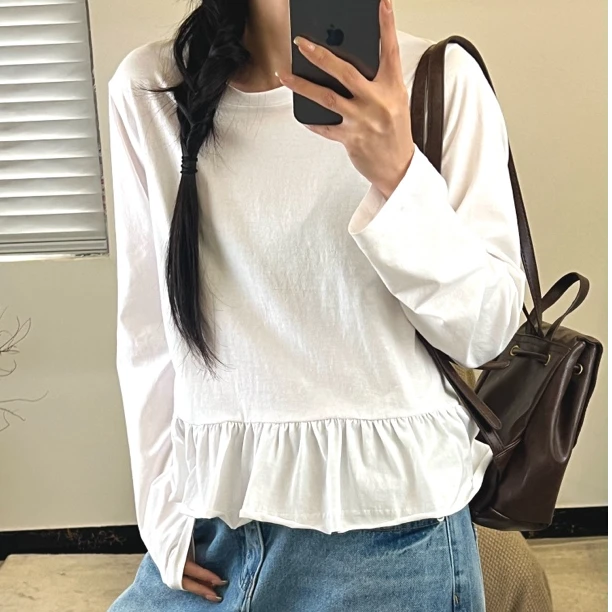 【清】逸语2025韩版花边下摆上衣长袖T恤女芭蕾风上衣小衫88170