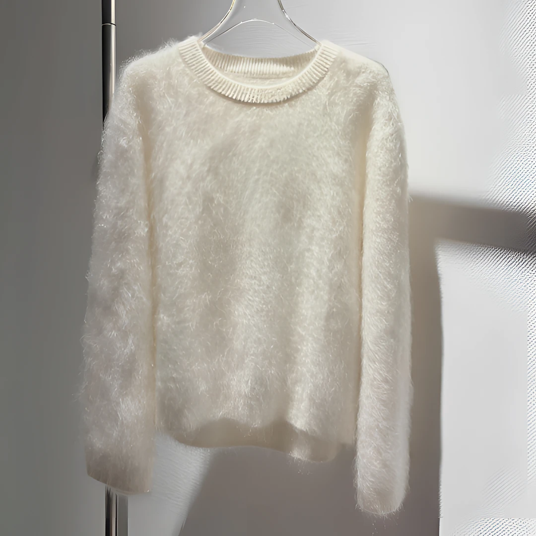 【一颗水蜜桃】加厚冬季花纱拉绒100山羊绒圆领白色保暖毛衣女款