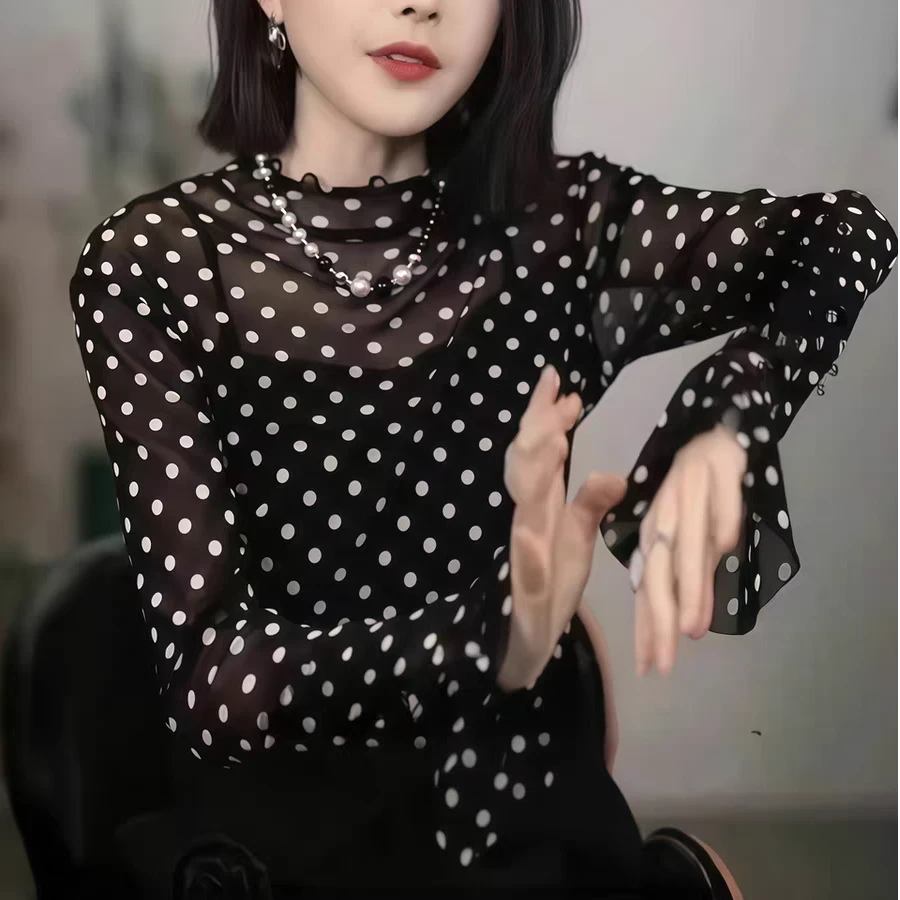 【双层】黑色网纱波点长袖T恤女夏季新款防晒罩衫洋气打底气质上衣