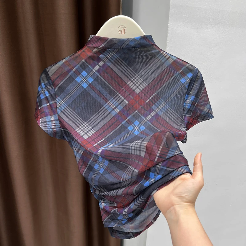 辣妹格纹网纱短袖T恤女夏季美式复古打底薄纱衣短款正肩冰丝上衣