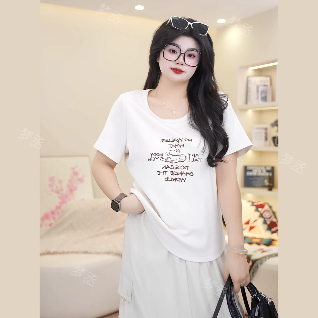 梦丞-夏季圆领大码女装简约宽松短袖女款爆款2025新款T恤上衣