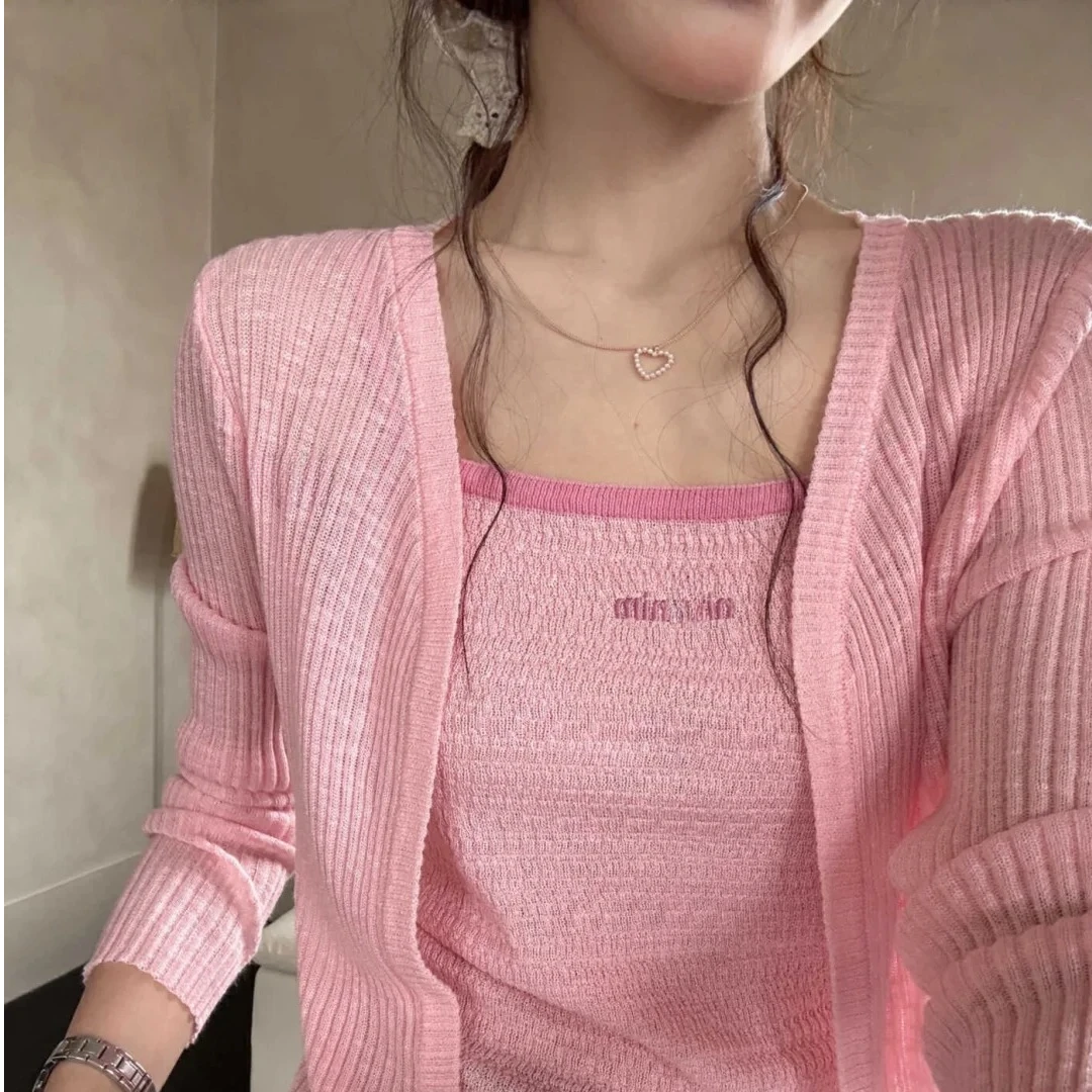 温柔风韩系时尚粉背心吊带针织开衫女通勤百搭休闲套装爆款女甜美