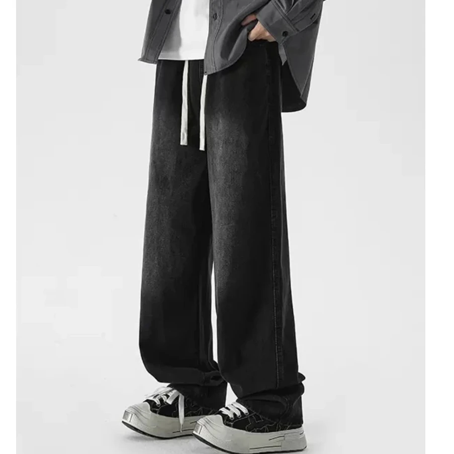 美式复古水洗垂坠感宽松直筒松紧腰情侣百搭休闲潮流牛仔裤