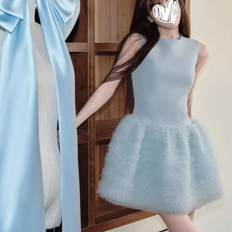 /无袖拼接蛋糕裙/气质圆领网纱蓬蓬裙a字裙弹力短裙女夏