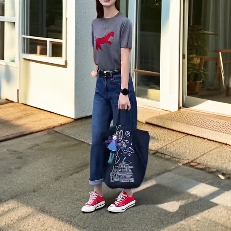 【大爱美依缘】新款时尚百搭减龄圆领宽松小马T恤高腰直筒裤女潮