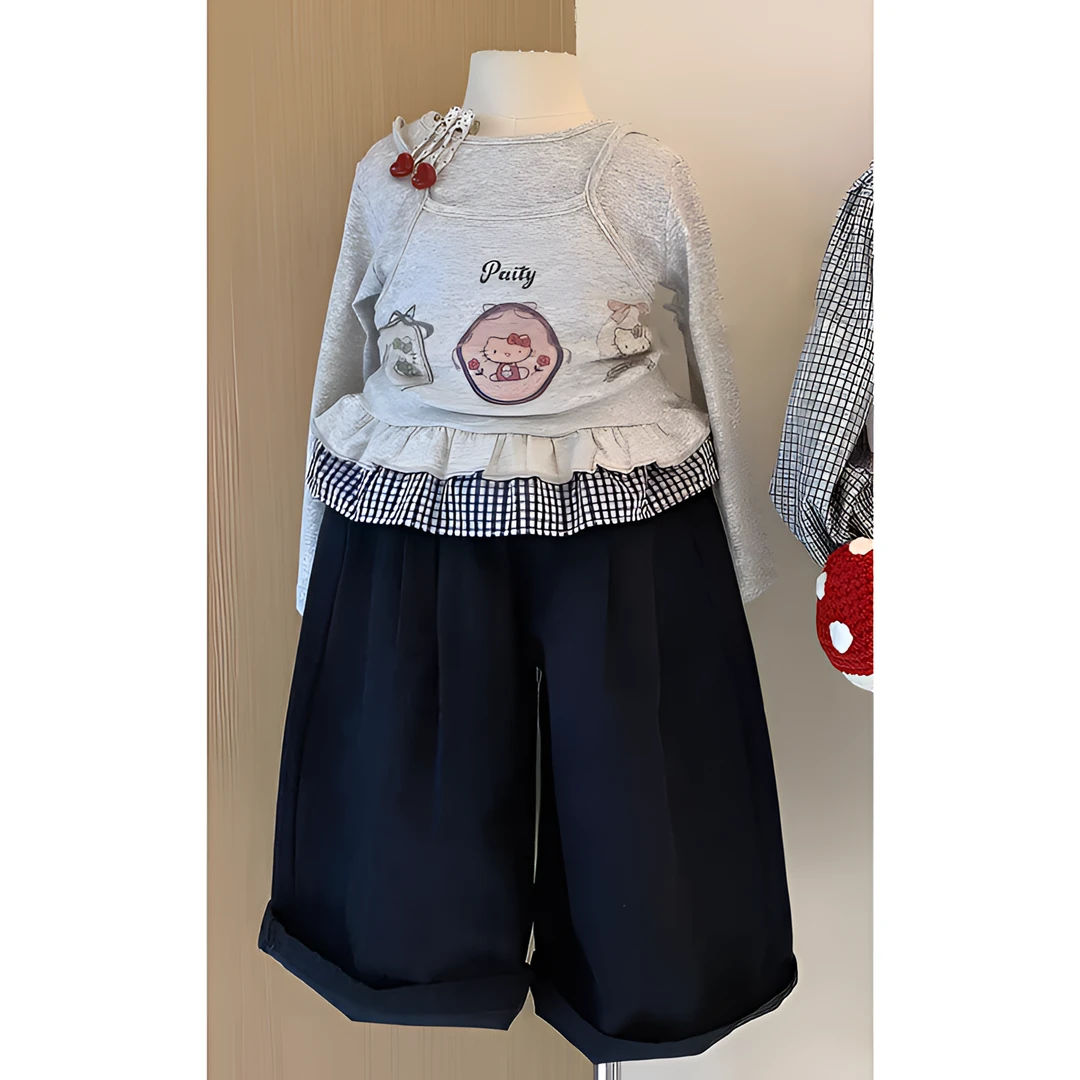 童装女童巨好看春秋装长袖裤子洋气kitty猫印花假两件上衣
