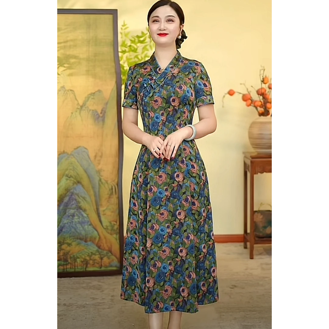 瓷萱【洛神花】夏季改良汉服领复古旗袍重磅盘扣国风旗袍裙中长款