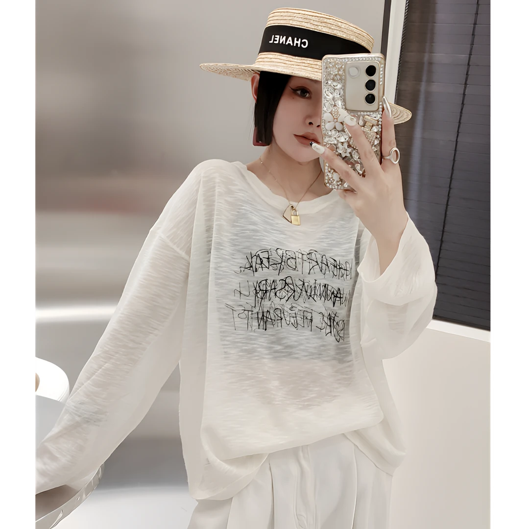 2025字母防晒罩衫t恤女士夏季新款宽松慵懒风薄款上衣长袖打底衫
