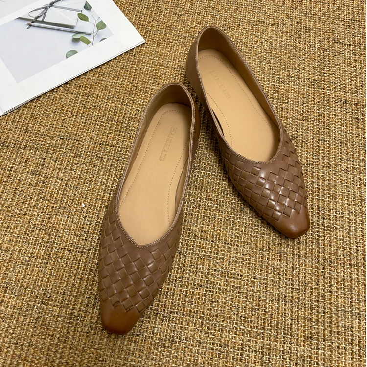 头层牛皮断码清仓复古编织真皮单鞋女2025新款春秋低跟浅口小皮鞋