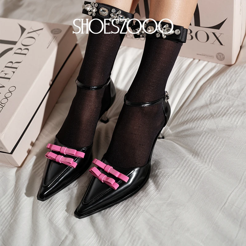 SHOESZOOO「许佳琪同款」女士原创黑粉撞色蝴蝶结尖头细跟高跟鞋