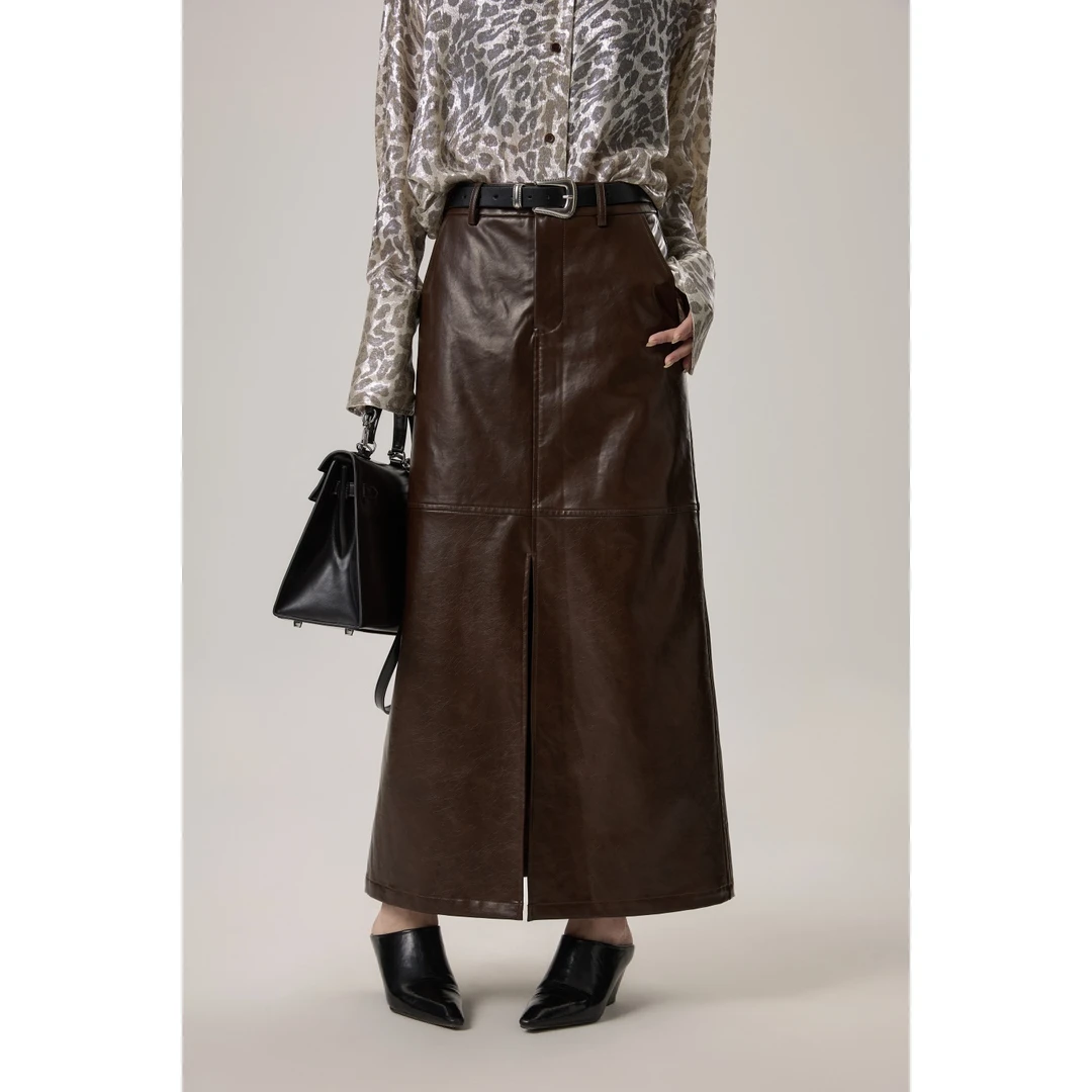 UKILAU【柏林皮裙】高智风水洗PU皮裙复古红棕高腰A字裙开衩半身裙