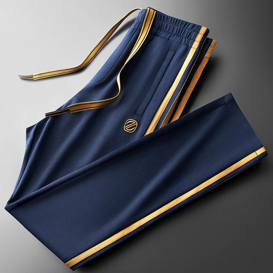 秋冬时尚撞色织带加厚加绒太空棉莫代尔运动裤男士直筒卫裤休闲裤