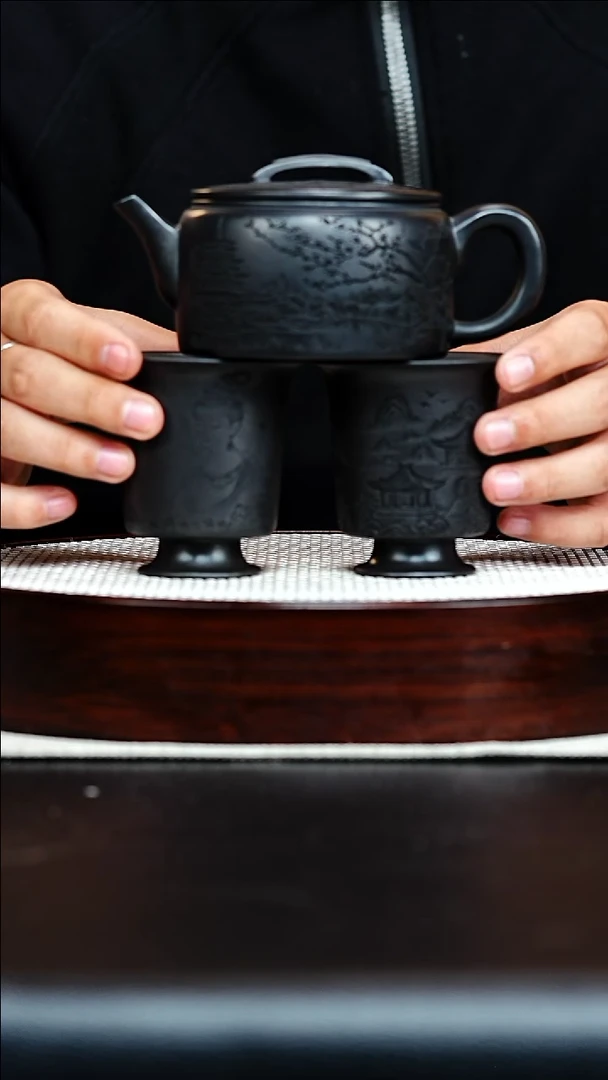 茶壶紫砂宜兴原矿紫砂 汉瓦（一壶两杯）