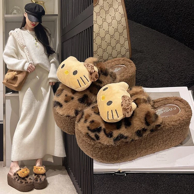 小个子厚底增高豹纹包头毛毛鞋2025年秋冬季爆款时尚百搭休闲毛绒