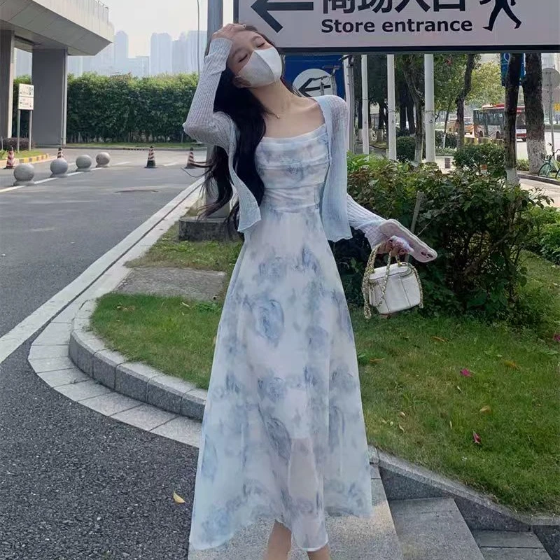 气质超仙水墨画连衣裙女2025春夏新款纯欲风开衫雪纺碎花吊带