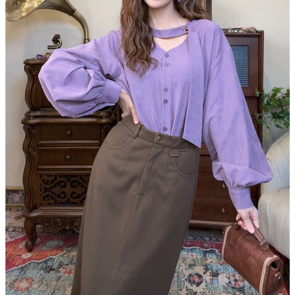 清【港万】法式高级感简约气质飘带长袖衬衫Y3890