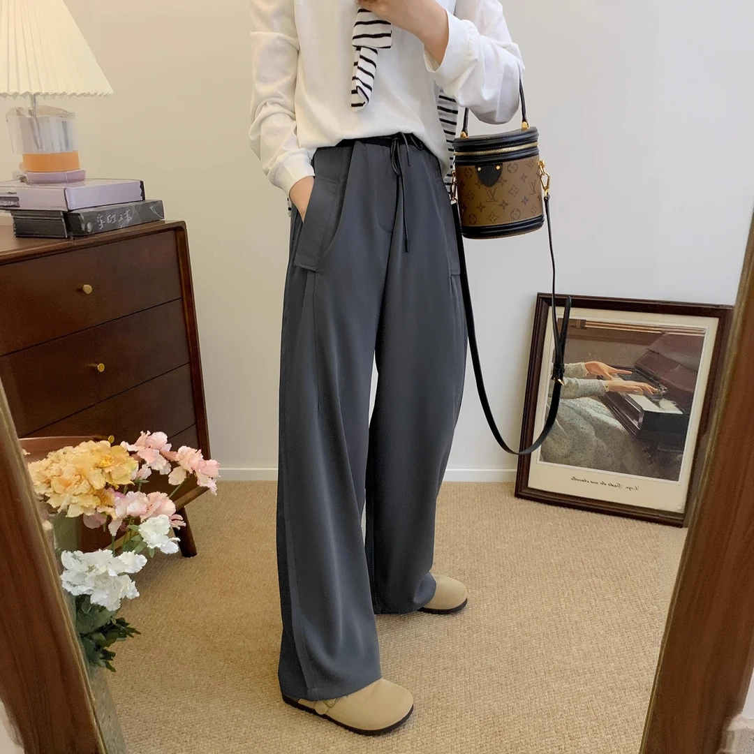 设计感秋冬新款直筒休闲西装裤胖妹妹mm梨形身材高腰显瘦抽绳裤子