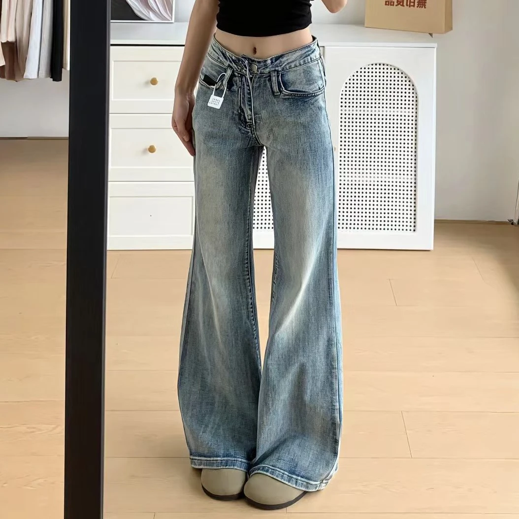 新美式纯欲慵懒风微喇牛仔裤女百搭不褪色美式复古高腰显瘦微喇裤