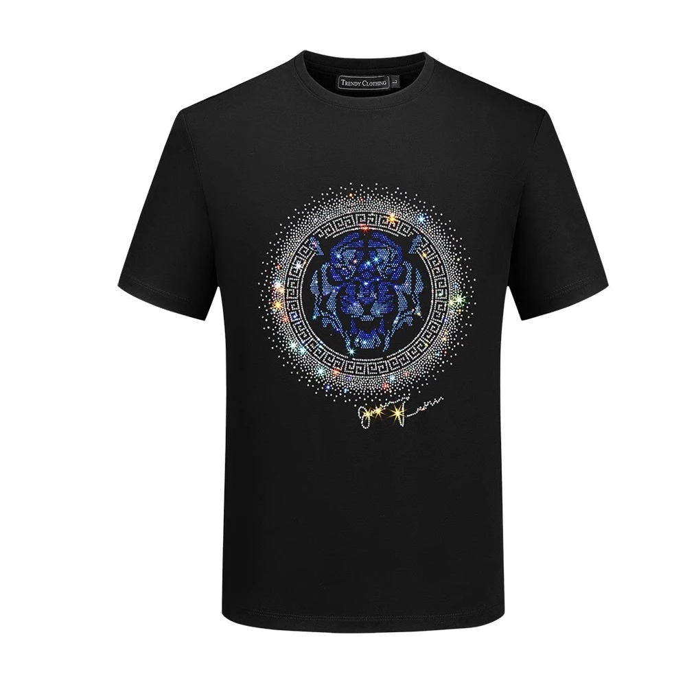 路约威格欧货潮牌夏季男款烫钻老虎头冰丝半袖上衣圆领丝光棉短袖