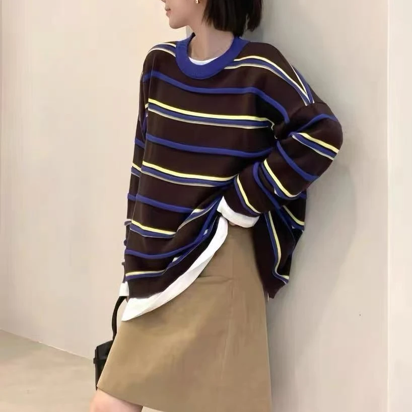 秋冬撞色圆领条纹套头毛针织衫Y915