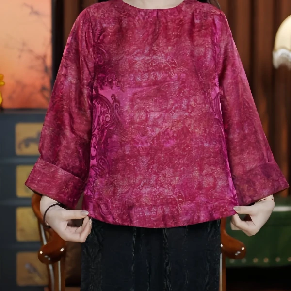 温婉诗意上衣灯笼袖复古秋季新款粉色印花圆领长袖打底衫女装