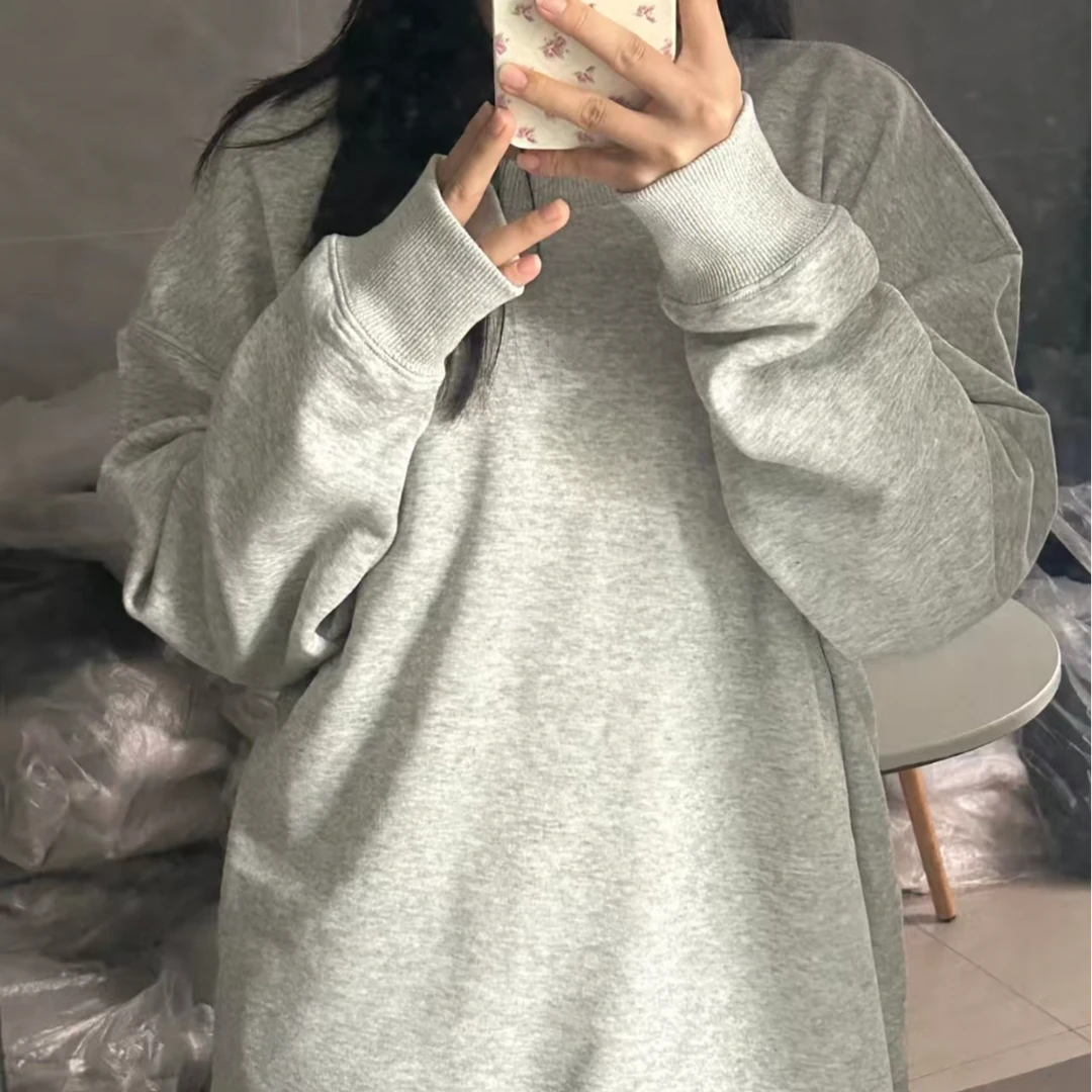 麻灰色重磅美式慵懒简约纯色长袖卫衣衣秋冬浅灰色宽松圆领套头衫